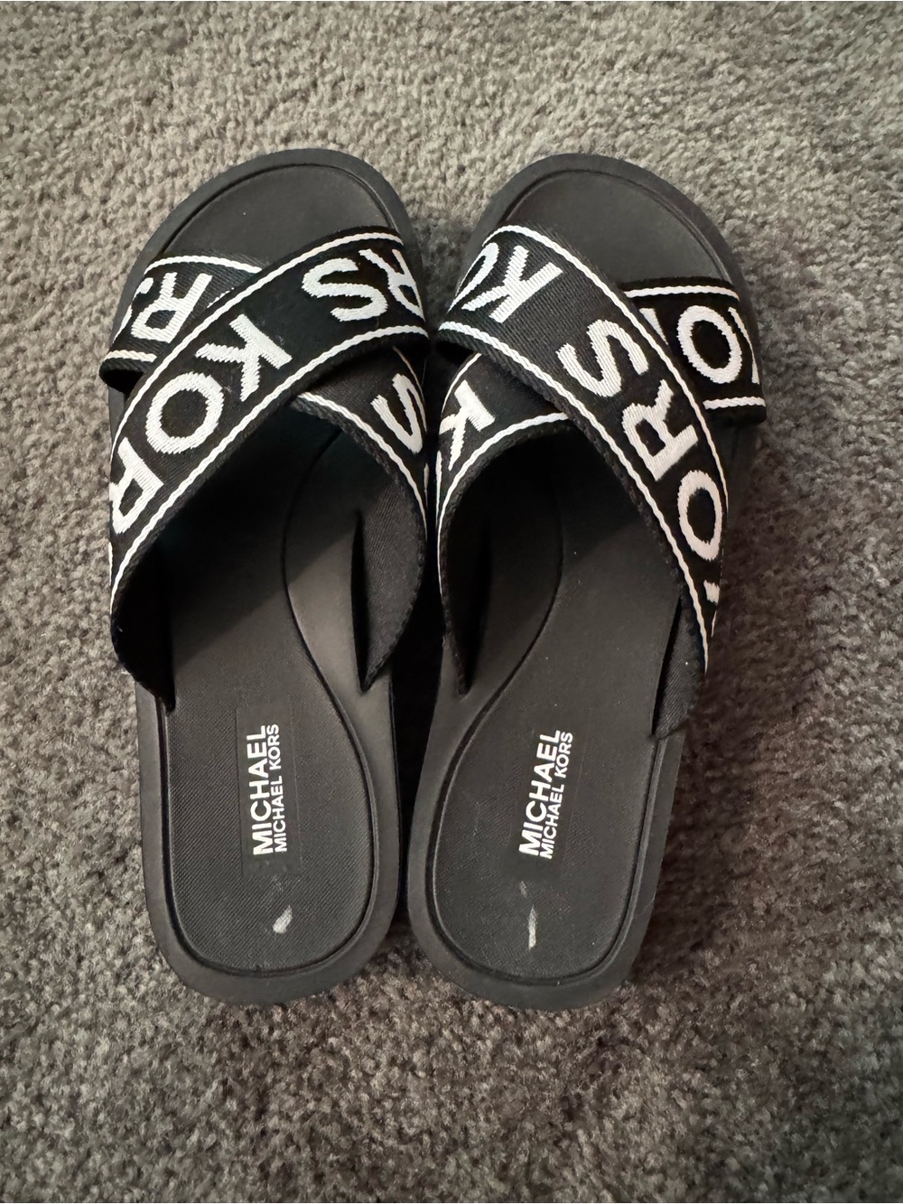 MICHAEL Michael Kors Black & White Crossband Logo Slide Sandals